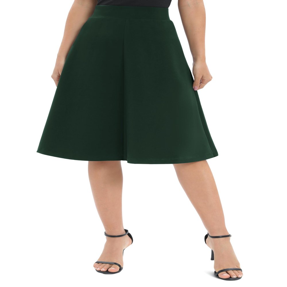 Urban CoCo Women's A-Line Elastic High Waist Flare Work Midi Knee Length Stretchy Skirt(M,Backish Green)