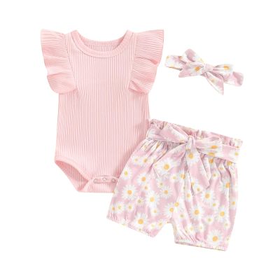Newborn Infant Baby Girl Summer Clothes Rib Frill Short Sleeve Romper Elastic Waist Shorts Headband 3Pcs Outfits Set (Solid Ribbed Knit + Daisy Pink, 6-9 Months)