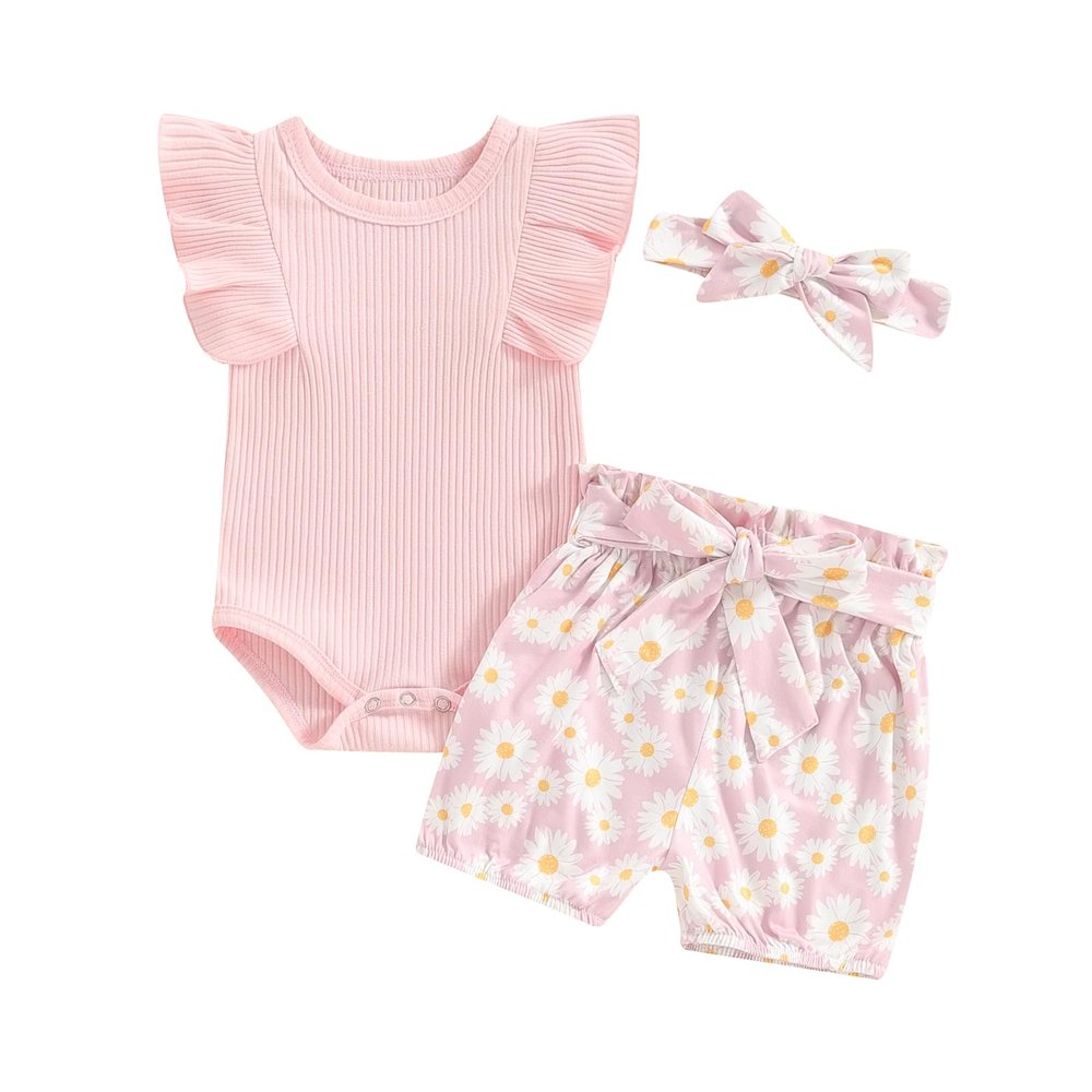 Newborn Infant Baby Girl Summer Clothes Rib Frill Short Sleeve Romper Elastic Waist Shorts Headband 3Pcs Outfits Set (Solid Ribbed Knit + Daisy Pink, 6-9 Months)