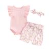Newborn Infant Baby Girl Summer Clothes Rib Frill Short Sleeve Romper Elastic Waist Shorts Headband 3Pcs Outfits Set (Solid Ribbed Knit + Daisy Pink, 6-9 Months) view 1