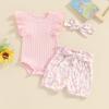 Newborn Infant Baby Girl Summer Clothes Rib Frill Short Sleeve Romper Elastic Waist Shorts Headband 3Pcs Outfits Set (Solid Ribbed Knit + Daisy Pink, 6-9 Months) view 2