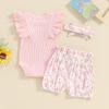 Newborn Infant Baby Girl Summer Clothes Rib Frill Short Sleeve Romper Elastic Waist Shorts Headband 3Pcs Outfits Set (Solid Ribbed Knit + Daisy Pink, 6-9 Months) view 3
