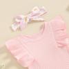 Newborn Infant Baby Girl Summer Clothes Rib Frill Short Sleeve Romper Elastic Waist Shorts Headband 3Pcs Outfits Set (Solid Ribbed Knit + Daisy Pink, 6-9 Months) view 4