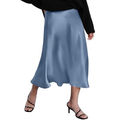 HOTOUCH Casual Skirts Work Satin High Waist Skirts for Women Midi Length Party Silk Skirt Light Blue Medium
