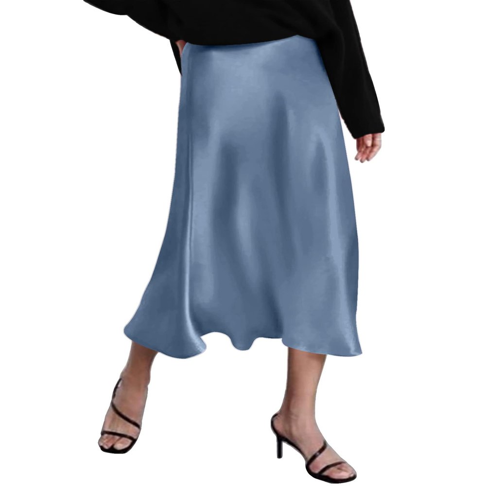 HOTOUCH Casual Skirts Work Satin High Waist Skirts for Women Midi Length Party Silk Skirt Light Blue Medium