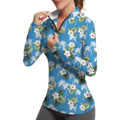 GGOV Golf Shirts for Woman UPF 50+ Sun Protection Quick Dry Lightweight Long Sleeve Polo Shirts for Woman Rash Guard Blue Flowers