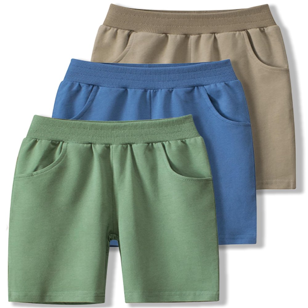 GFQLONG Toddler Boys 3 Pack Cotton Sport Jogger Shorts,Kids Summer Solid Active Short Pants, Green+Lightblue+Khaki, 2-3T