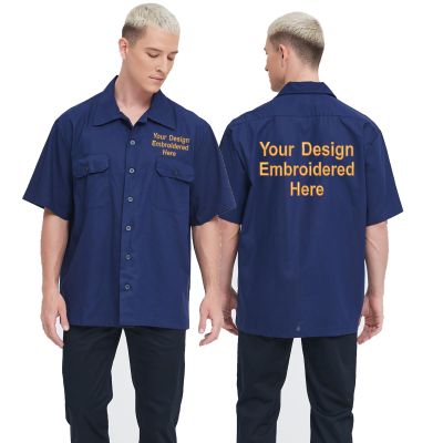 TopTie Men's Add Your Text Embroidered Short-Sleeve Work Shirt Industrial Poplin Work Shirt-Navy-2XL
