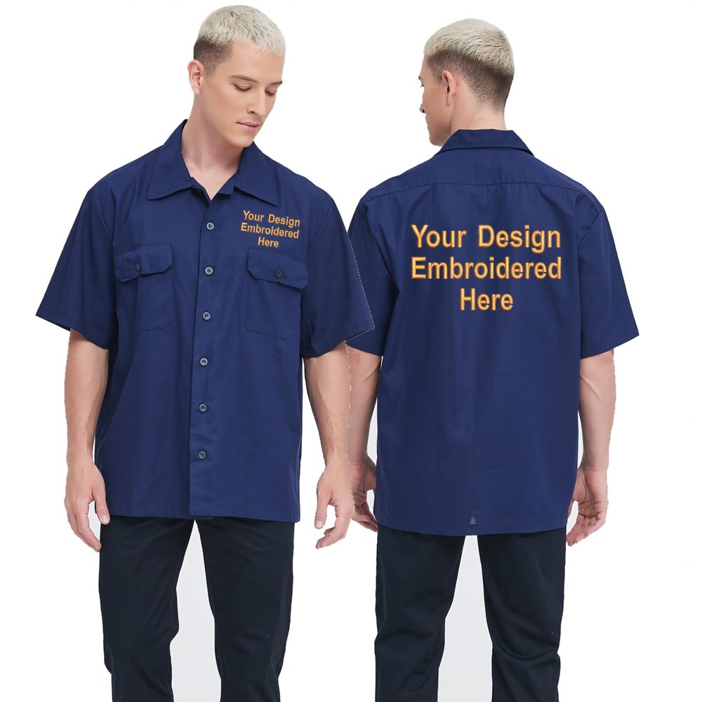 TopTie Men's Add Your Text Embroidered Short-Sleeve Work Shirt Industrial Poplin Work Shirt-Navy-2XL