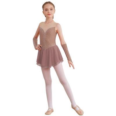 FEESHOW Kids Girls Shiny Diamond Figure Ice Skating Dress Ballerina Ballet Dance Leotards Dress Ballroom Costume Dusty Pink B 12 Years