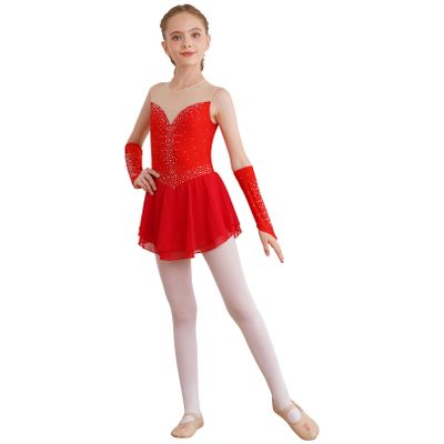 FEESHOW Kids Girls Shiny Diamond Figure Ice Skating Dress Ballerina Ballet Dance Leotards Dress Ballroom Costume Red B 16 Years