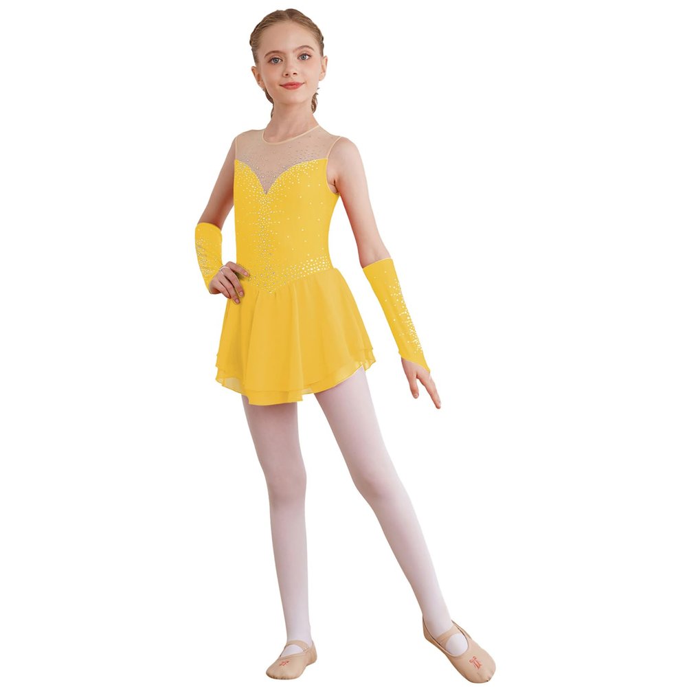 FEESHOW Kids Girls Shiny Diamond Figure Ice Skating Dress Ballerina Ballet Dance Leotards Dress Ballroom Costume Yellow B 12 Years