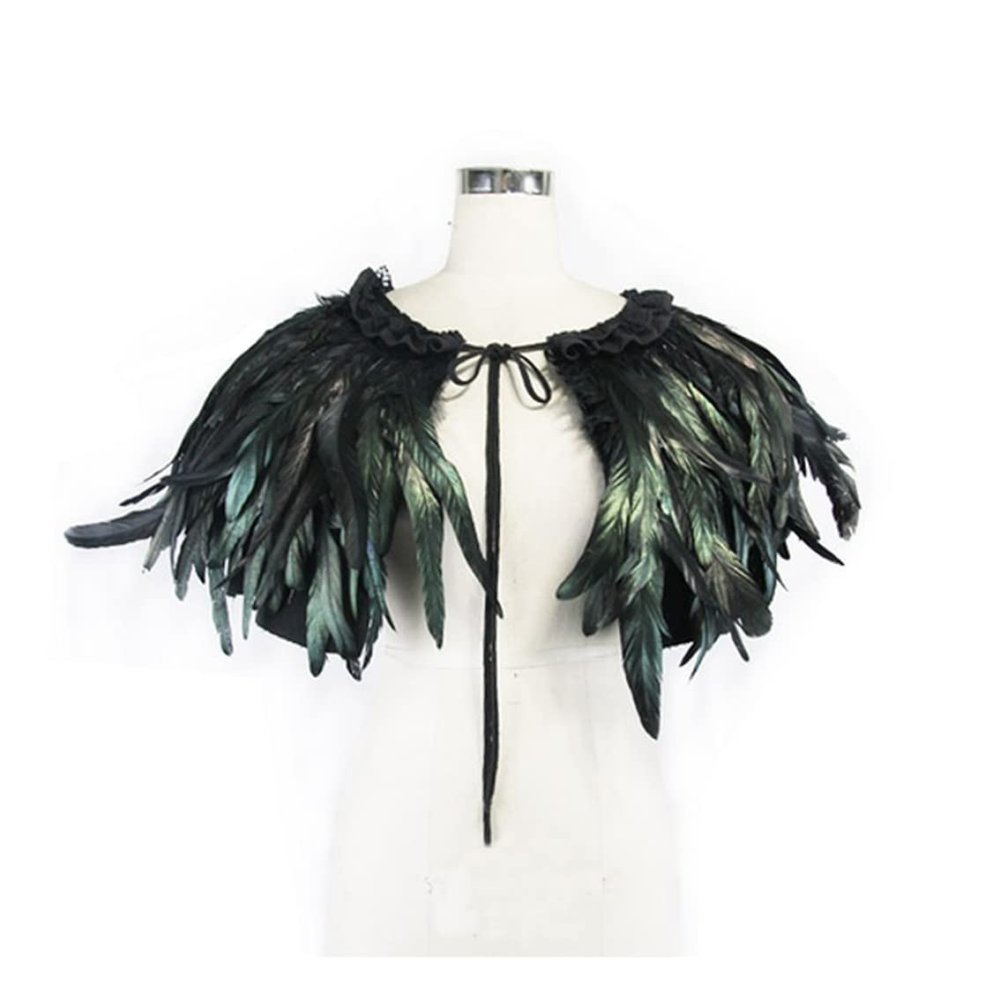 Feather Shawl, Black Feather Cape with Lace Liner, Feather Collar, Shrug Shoulder Strap for Halloween Retro Party Cosplay Costumes