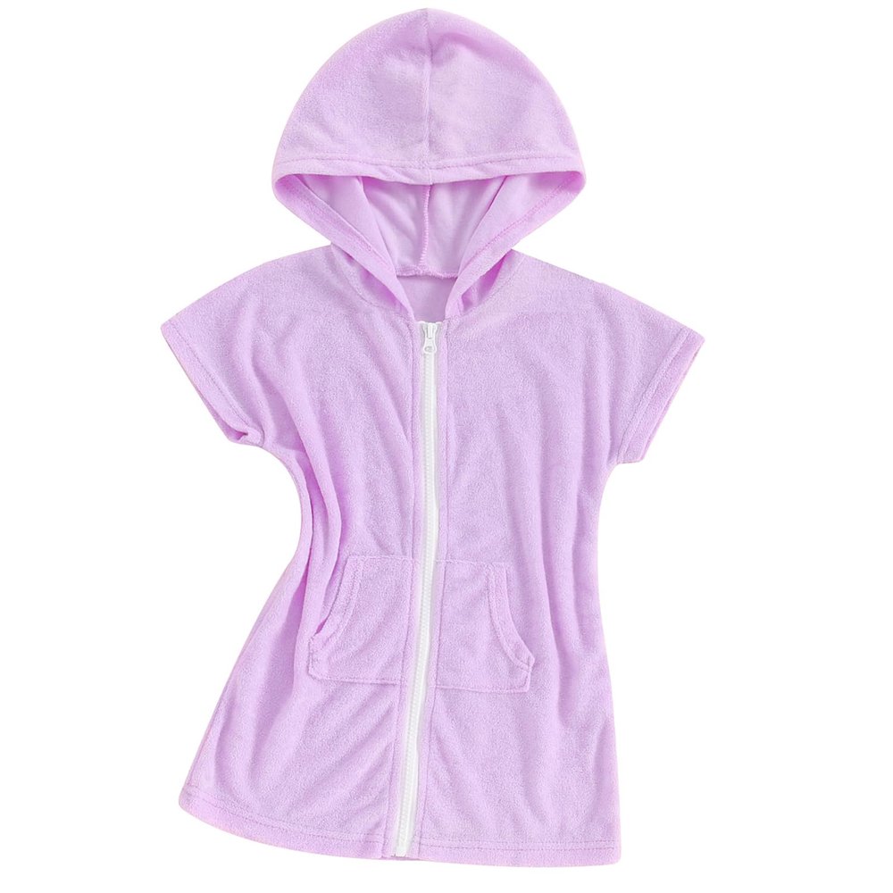 SAYOO Kid Girls Swim Cover Up Kid Hooded Zip-Up Terry Swimsuit Coverup Towel Bathing Suit Bathrobe Pool Beach Robe Dress (F Purple, 1-2 Years)