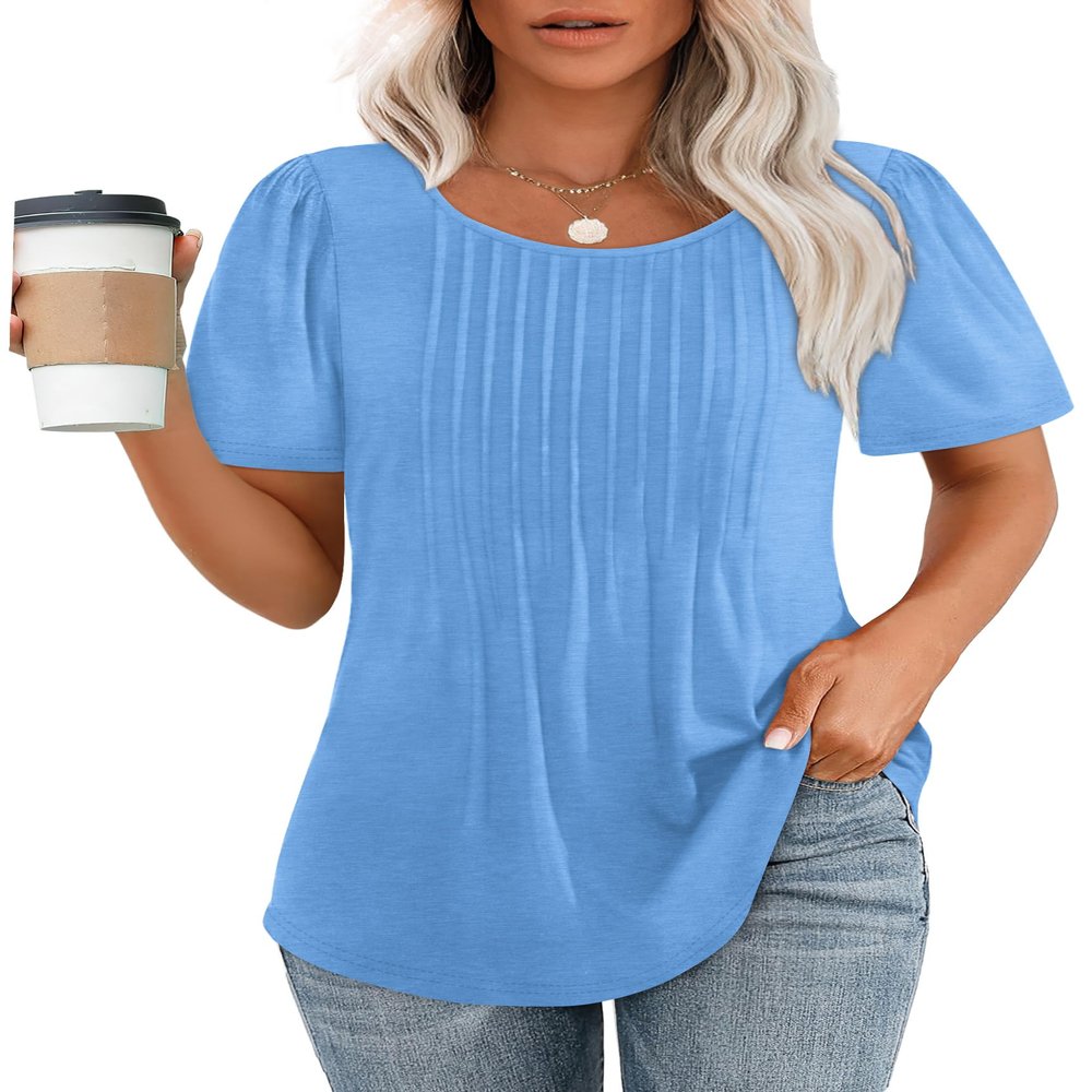 Womens Summer Tops Dressy Casual Short Sleeve Trendy Pleated Front T Shirts Fashion Blouses Plus Size Spring Clothes Baby Blue S