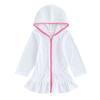 SAYOO Kid Girls Swim Cover Up Kid Hooded Zip-Up Terry Swimsuit Coverup Towel Bathing Suit Bathrobe Pool Beach Robe Dress (Y White, 4-5 Years)