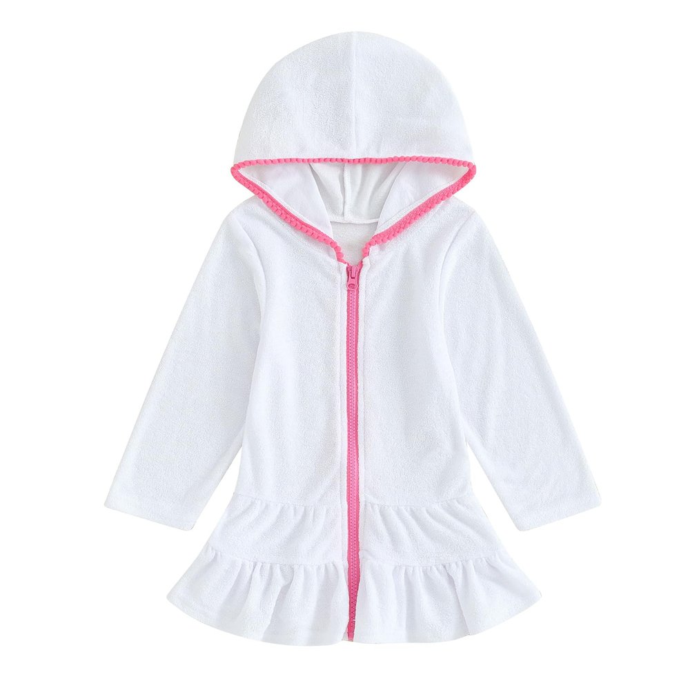 SAYOO Kid Girls Swim Cover Up Kid Hooded Zip-Up Terry Swimsuit Coverup Towel Bathing Suit Bathrobe Pool Beach Robe Dress (Y White, 4-5 Years)