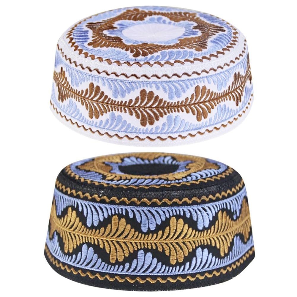 Beforta 2Pcs Kids Muslim Prayer Kufi Hat Headwear Islamic Beanie Skull Cap Embroidery Kofia Topi Sun Hat Ramadan Eid Gift (Blue, Age 4-8)