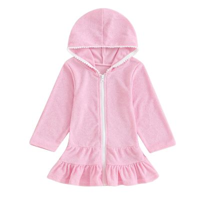 SAYOO Kid Girls Swim Cover Up Kid Hooded Zip-Up Terry Swimsuit Coverup Towel Bathing Suit Bathrobe Pool Beach Robe Dress (Y Pink, 3-4 Years)