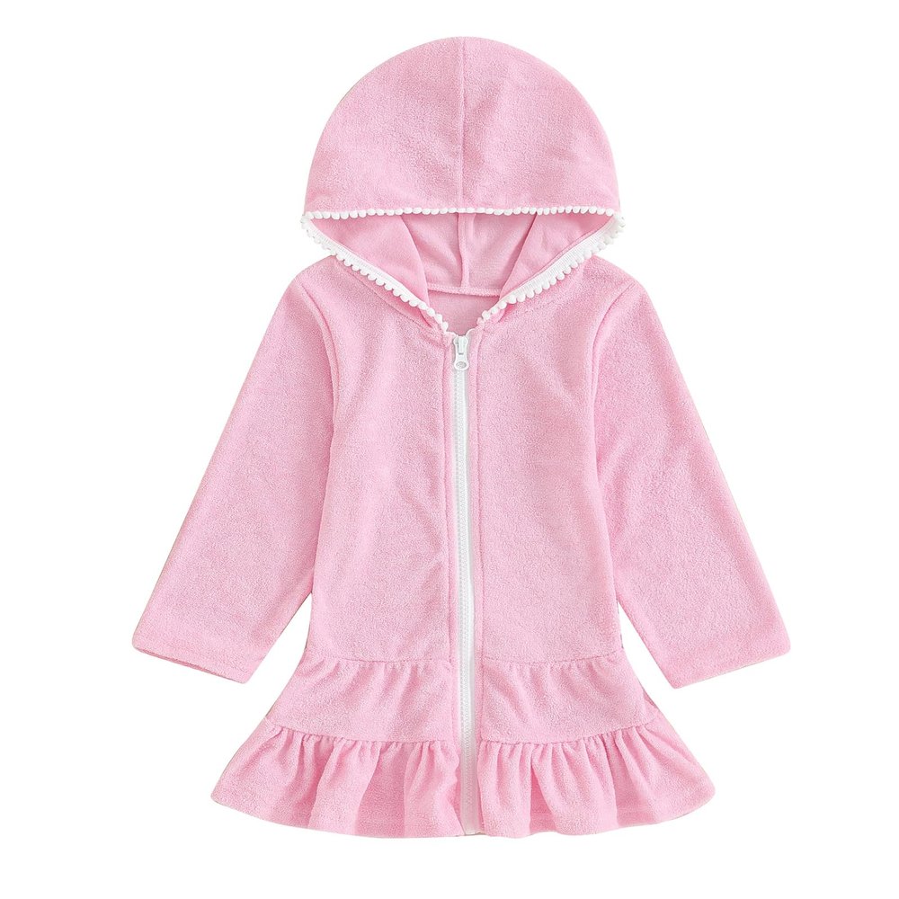 SAYOO Kid Girls Swim Cover Up Kid Hooded Zip-Up Terry Swimsuit Coverup Towel Bathing Suit Bathrobe Pool Beach Robe Dress (Y Pink, 3-4 Years)