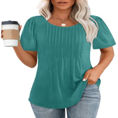 Womens Tops Dressy Casual Loose Fit Spring Summer T Shirts Short Sleeve Blouses Round Neck Turquoise 2XL