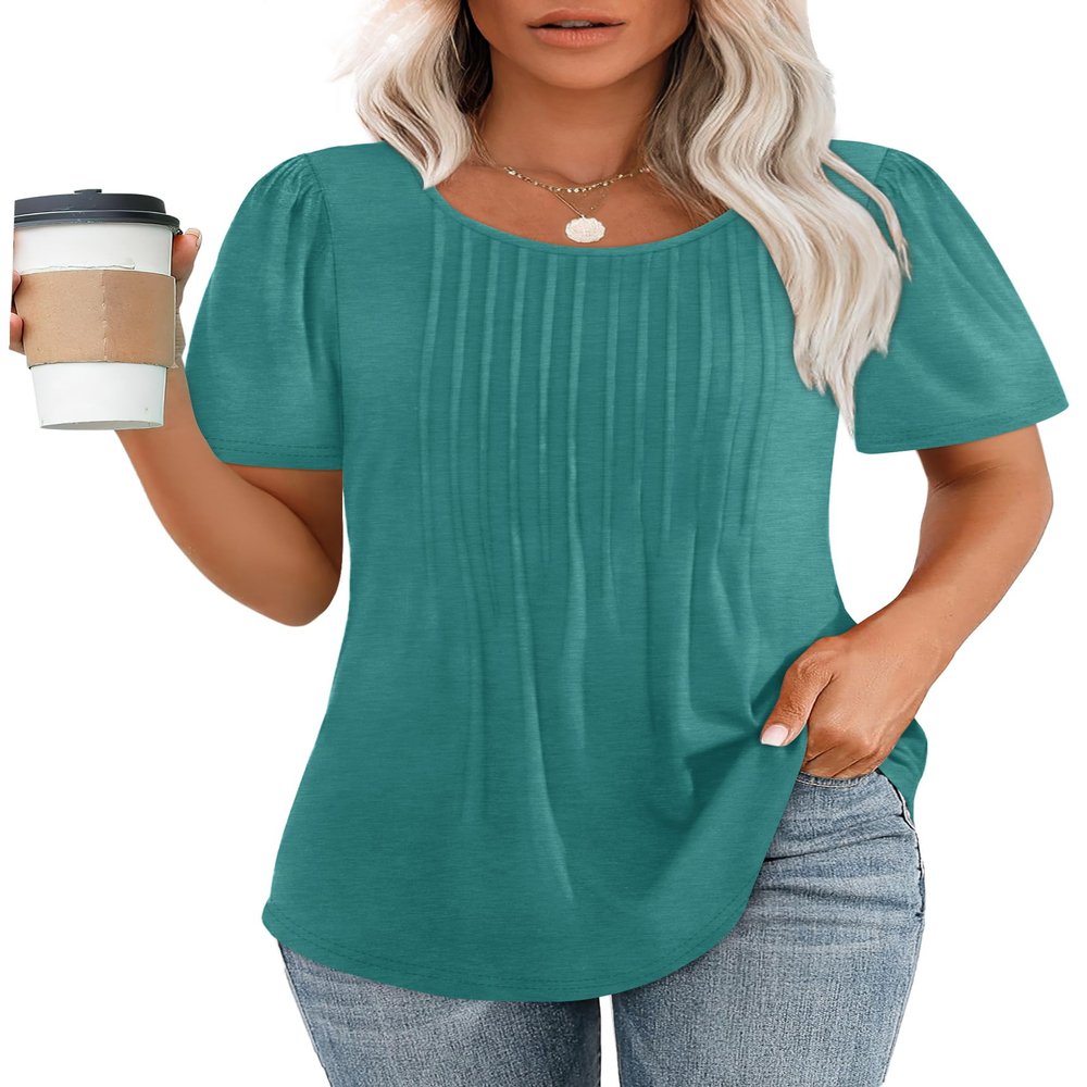 Womens Tops Dressy Casual Loose Fit Spring Summer T Shirts Short Sleeve Blouses Round Neck Turquoise 2XL