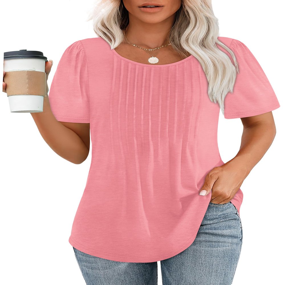 Shirts for Women Dressy Casual Short Sleeve Blouses Summer Outfits Cute Plus Sized Pink 3XL