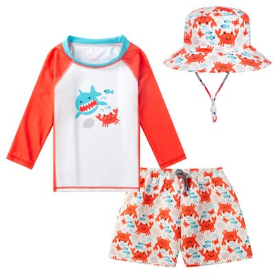 Toddlers and Baby Boys' 3-Piece Swimsuit Trunk Rashguard Set and Sun Hat Swimwear Bathing Suit Sunsuit Swim Shirt UPF 50+ Cute Crab 2-3T