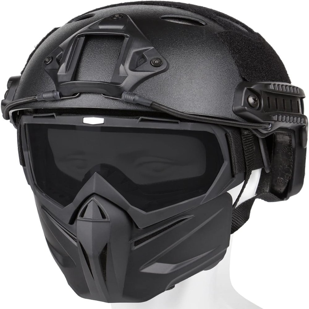Bvawtrs Tactical Airsoft Gear Airsoft Mask and Helmet, Airsoft Full Face Mask, Detachable Airsoft Goggles,Paintball PJ Fast Helmet with Front NVG Mount and Side Rail, Black1