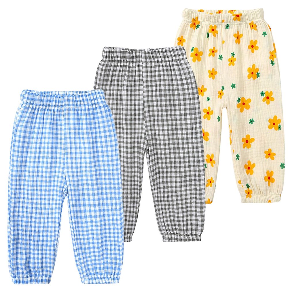 Easygou Kids Elastic Basic Harem Trousers Unisex Baby Boys Girls Casual Cotton Linen Loose Long Baggy Pants Toddler Clothes (1-2T,3PC Floral J,US,1 Year,2 Years,Age)