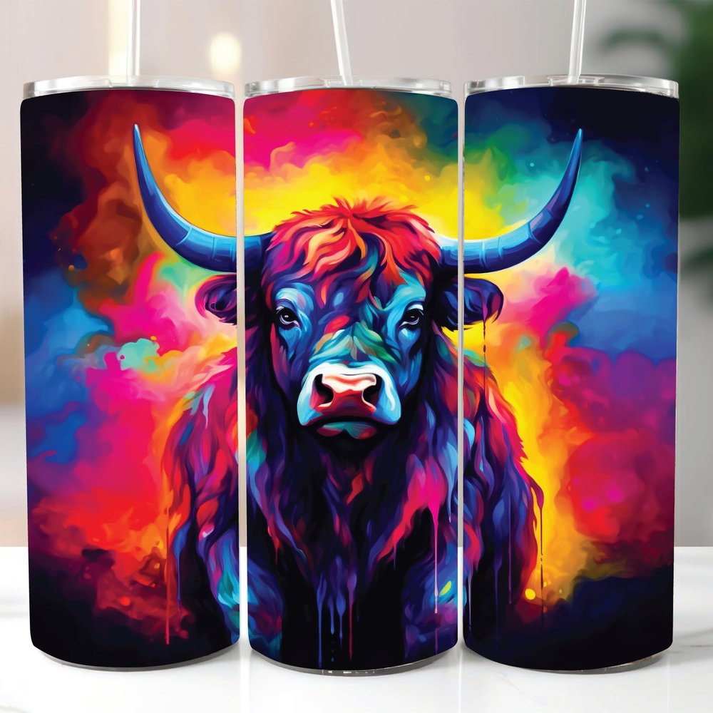 Water Painting Highland Cow Bull Print Tumbler Wrap Laminated with UV Protection for A Long Lasting Sleeve AI-006 - Road Rage Premium Decals - Fits Most Water Bottles - Easy Application