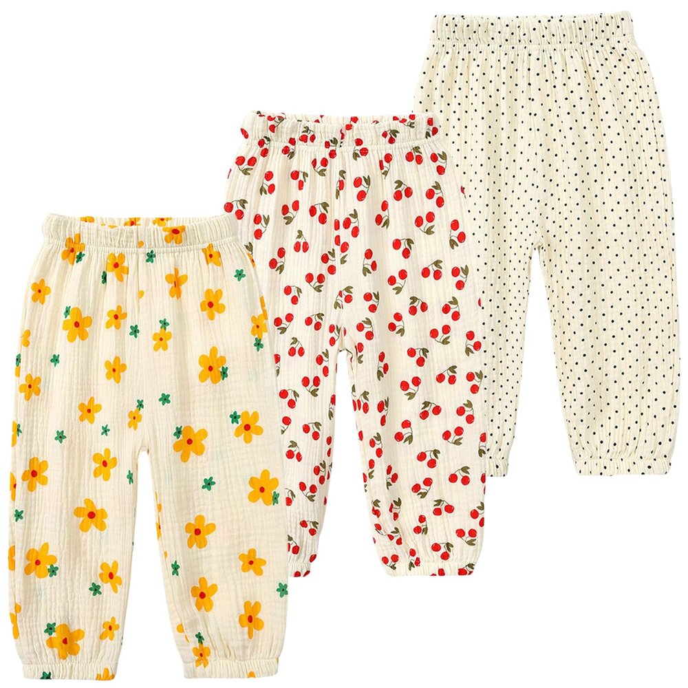 Easygou Kids Elastic Basic Harem Trousers Unisex Baby Boys Girls Casual Cotton Linen Loose Long Baggy Pants Toddler Clothes (1-2T,3PC Floral H,US,1 Year,2 Years,Age)