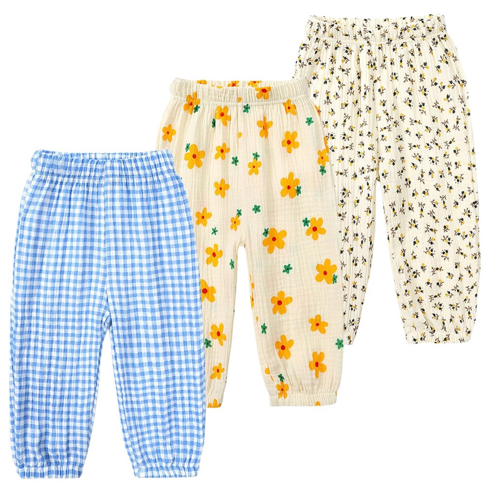 Easygou Kids Elastic Basic Harem Trousers Unisex Baby Boys Girls Casual Cotton Linen Loose Long Baggy Pants Toddler Clothes (5-6 Years,3PC Floral I,US,5 Years,6 Years,Age)