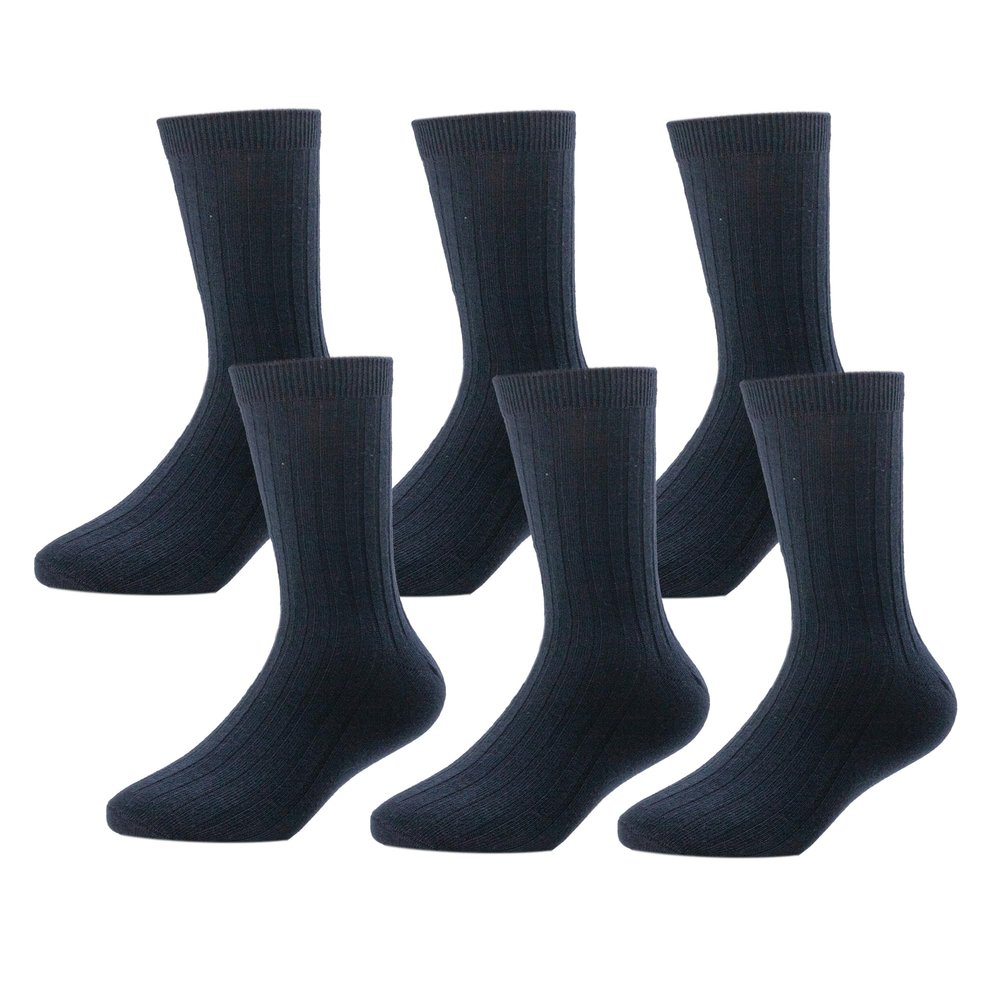 Rugged Soles 6 Pair Multi Pack Soft Cotton Solid Dress, Uniform Ribbed Crew Socks Navy Size Small, Boys 4-6Y, Shoe Size 10-13