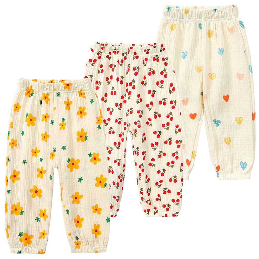 Easygou Kids Elastic Basic Harem Trousers Unisex Baby Boys Girls Casual Cotton Linen Loose Long Baggy Pants Toddler Clothes (4-5T,3PC Floral D,US,4 Years,5 Years,Age)