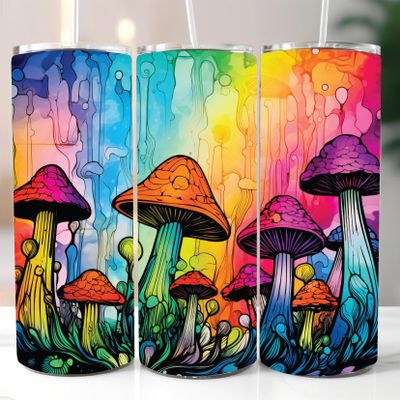 Road Rage Water Painting Colorful Mushrooms Print Tumbler Wrap Laminated with UV Protection For A Long Lasting Sleeve AI-028 Premium Decals - Fits Most Water Bottles - Easy Application