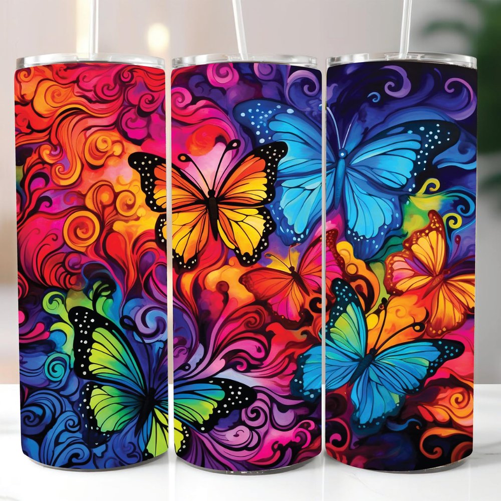 Road Rage Water Painting Butterfly Print Tumbler Wrap Laminated with UV Protection For A Long Lasting Sleeve AI-046 Premium Decals - Fits Most Water Bottles - Easy Application