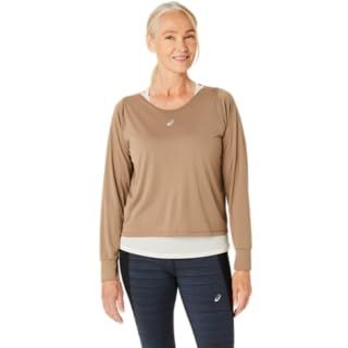 ASICS Women's NAGINO Run Long Sleeve TOP Running Apparel, XS, Pepper/Oatmeal