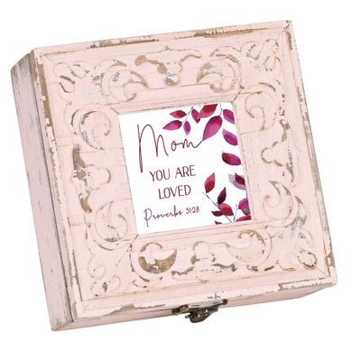 Cottage Garden Mom You Are Loved - Proverbs 31:28 - Blush Pink 6 x 6 Inch MDF Wood Musical Jewelry Box