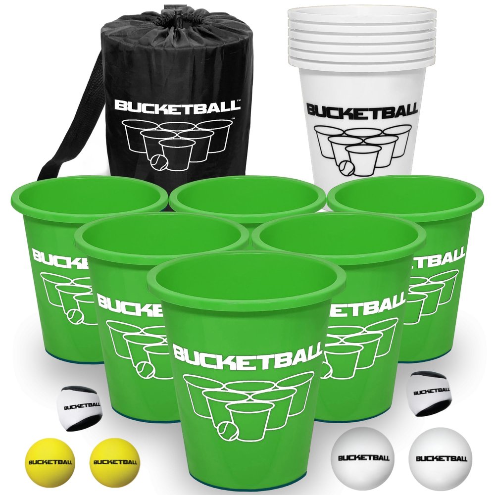 BucketBall | Team Color Edition | Combo Pack (Green/White): Original Yard Pong Game: Best Camping, Beach, Lawn, Outdoor, Family, Adult, Tailgate, Jumbo, Giant Game