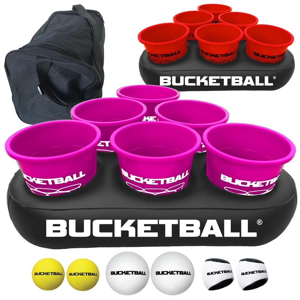 BucketBall | Team Color Edition | Party Pack (Pink/Red): Original Yard Pong Game: Best Camping, Beach, Lawn, Outdoor, Family, Adult, Tailgate, Jumbo, Giant Game