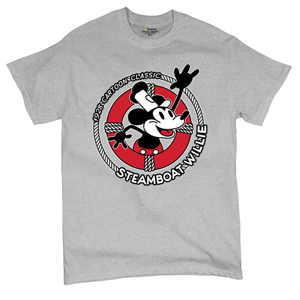 Steamboat Willie Life Preserver T-Shirt Funny Classic Cartoon Beach Vibe Mouse in a Lifebuoy Silly Retro Men's Tee Gray 3X-Large