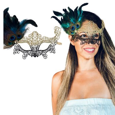 Black Gold Peacock Feather Masquerade Mask for Women - Lace Masquerade Masks for Masquerade Party, Proms, Photo Shoot, Venetian Party, Mardi Gras, Halloween & Cosplay LM3