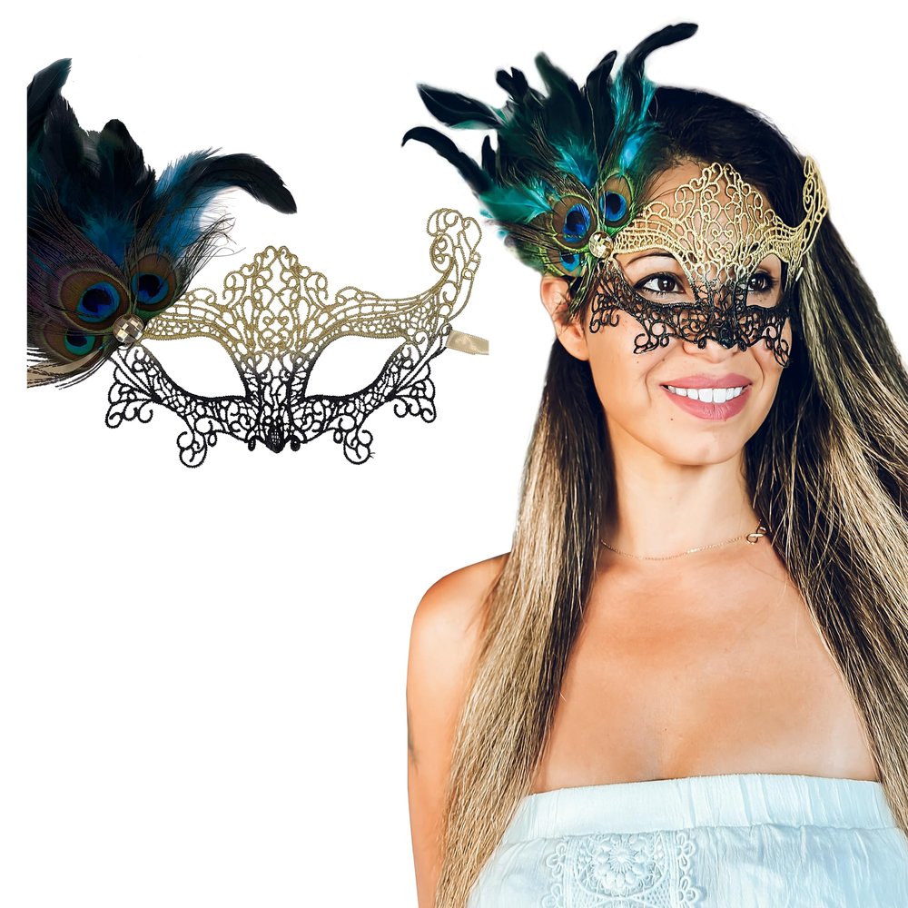 Black Gold Peacock Feather Masquerade Mask for Women - Lace Masquerade Masks for Masquerade Party, Proms, Photo Shoot, Venetian Party, Mardi Gras, Halloween & Cosplay LM3