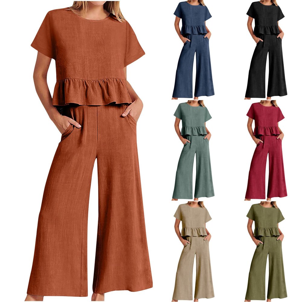 2 Piece Sets for Women Ruffle Hem Short Sleeve Top and Wide Leg Pants Set with Pockets Linen Travel Outfits Shorts Sets Women 2 Piece Outfits