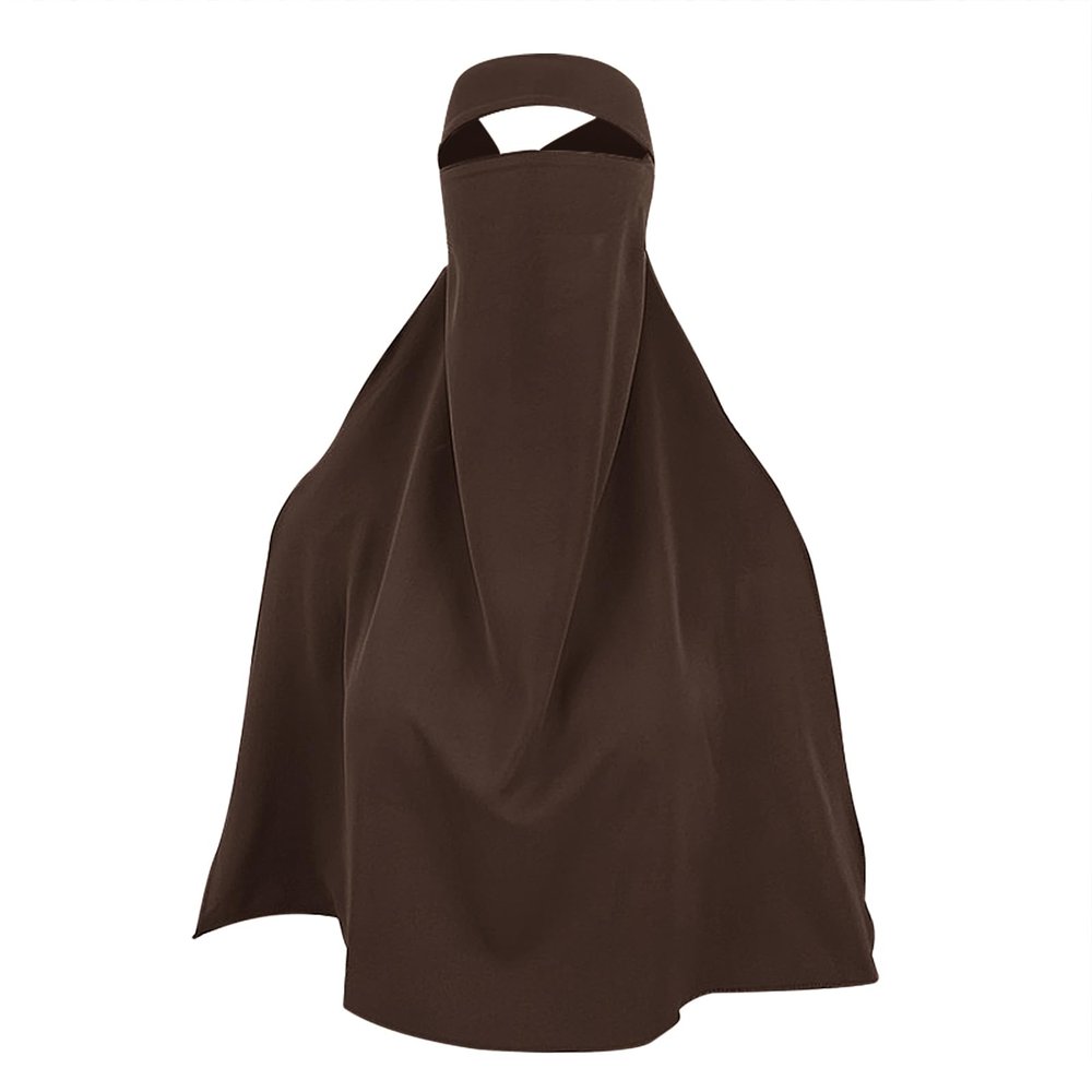 Clobeau Muslim Women Full Face Niqab Veil Saudi Style Single Layer Niqab Face Veil for Hijab, 27" Long, Tie Back, One Piece (Coffee)