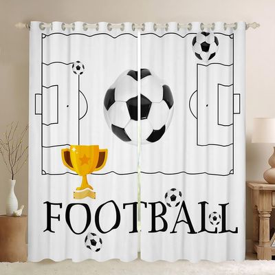 Castle Fairy Soccer Window Curtains,Boys Ball Sports Games Themed Court Window Treatments for Kitchen,3D Football Trophy Printed White Field Polyetser Window Drapes, 2 Panels, 52Wx84L inch