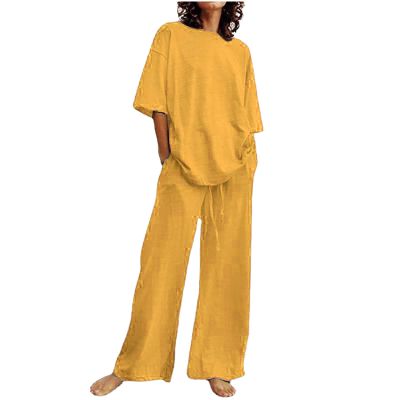 KICILVS Placed 2 Piece Sets for Women Summer Oversized Short Sleeve Tops with Drawstring Loose Pants Casual Loungewear Set Active Wear Sets for Women