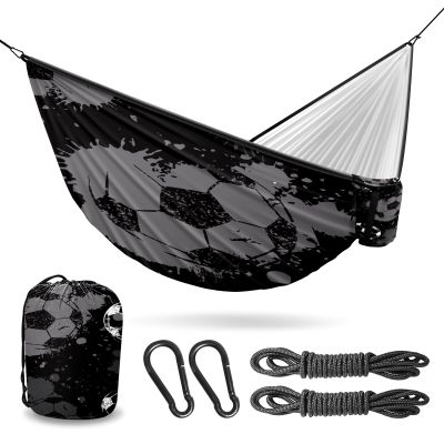 Outdoor Camping Hammock Football Soccer Black White Double Single Hammocks with 2 Tree Straps, Lightweight Portable Heavy Duty Nylon Hammocks for Backpacking Travel Beach Backyard Patio Hiking