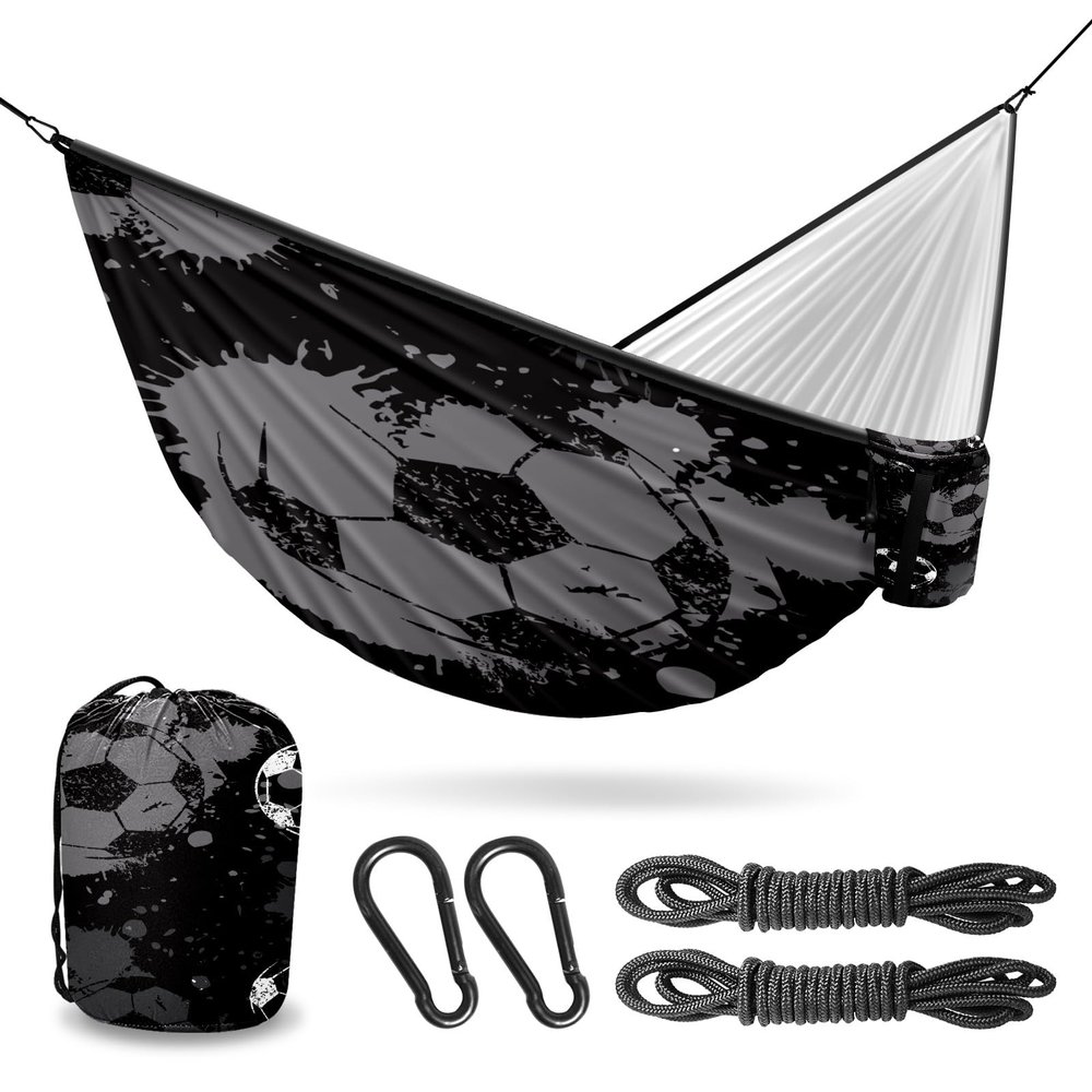 Outdoor Camping Hammock Football Soccer Black White Double Single Hammocks with 2 Tree Straps, Lightweight Portable Heavy Duty Nylon Hammocks for Backpacking Travel Beach Backyard Patio Hiking